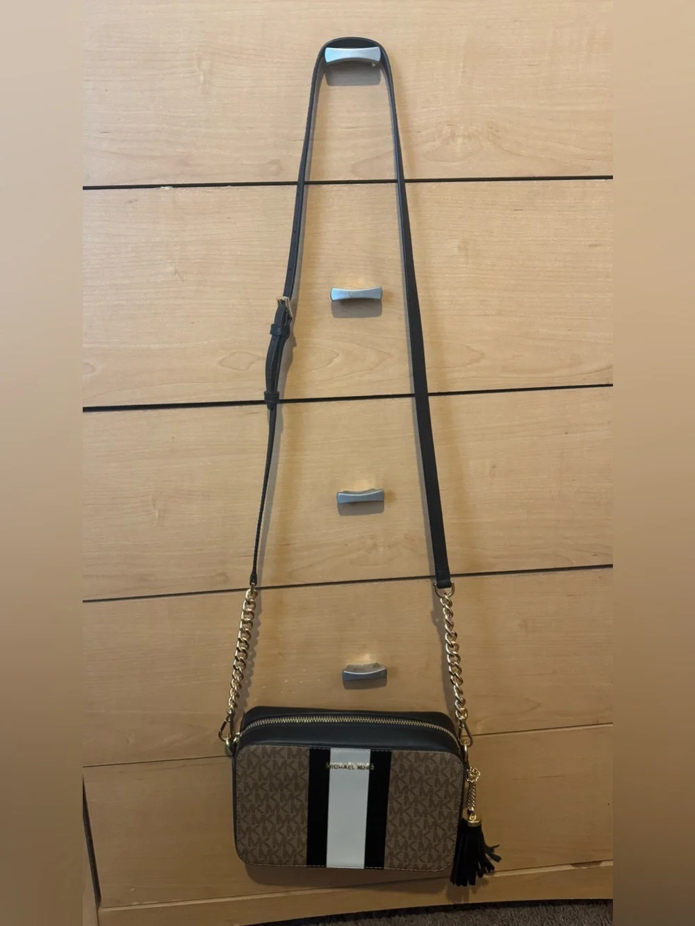 Michael Kors Brown Monogram Crossbody with Black and White Center Stripe